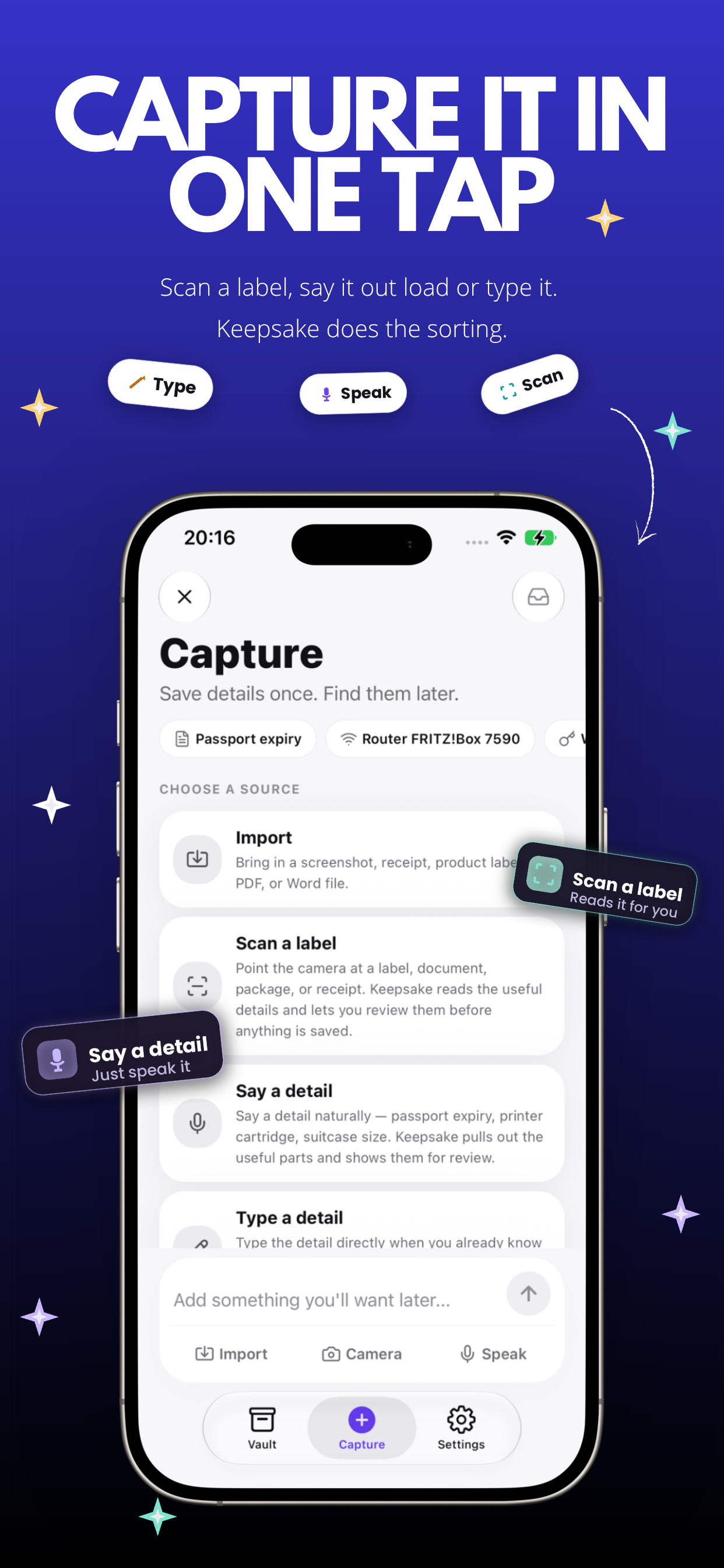 Capture screen with scan, speak, and type options