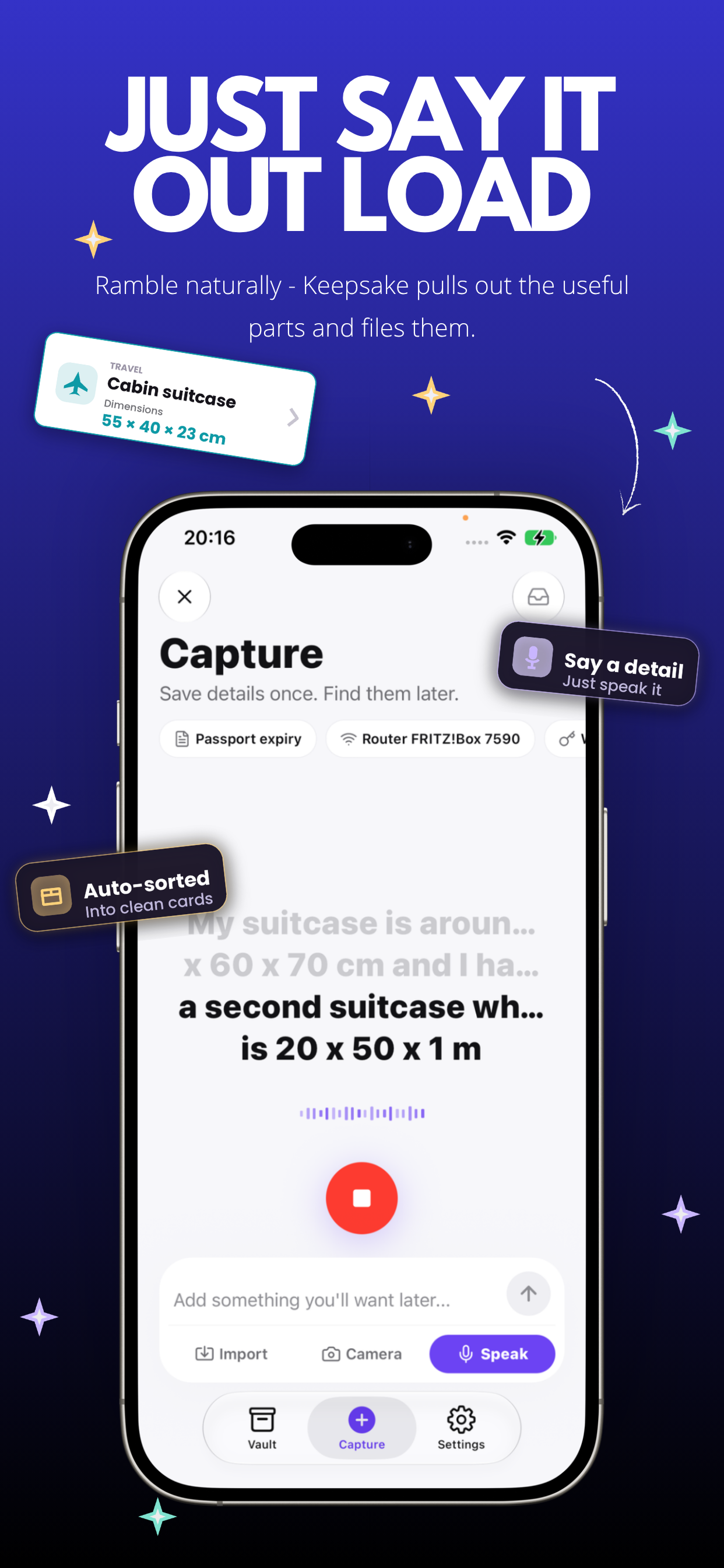 Voice capture turning a spoken detail into a card